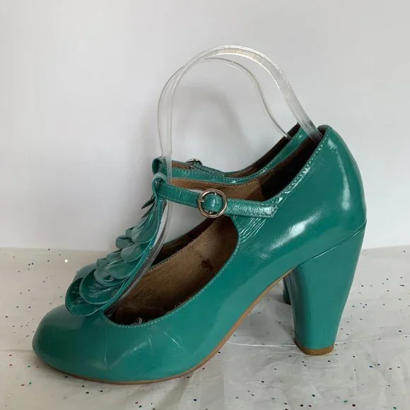 Jeffrey Campbell Y2K Frill Teal Blue Green Ruffle T strap Retro Inspired Pump 7 - Picture 6 of 10